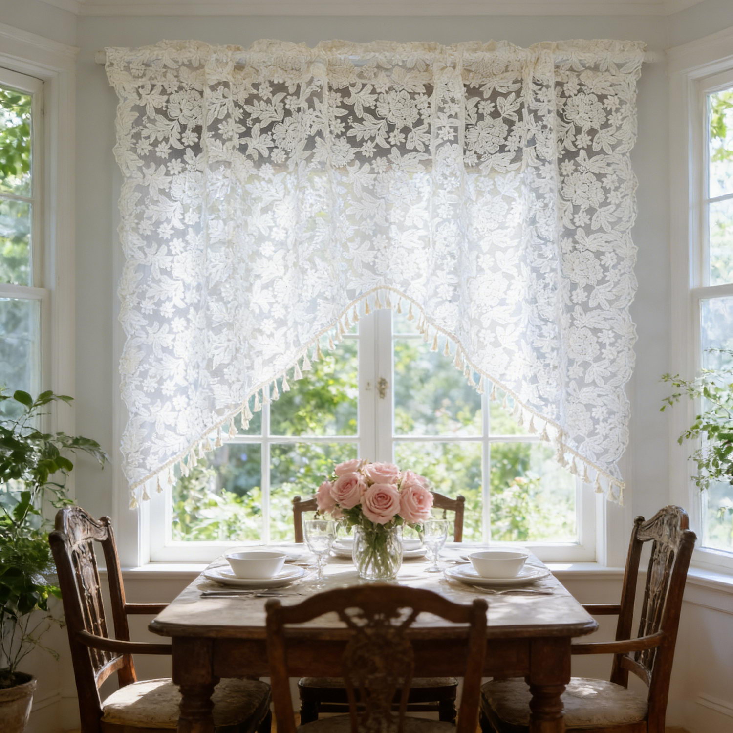 Embroidery Kitchen - Sheer Floral Embroidery Lace Short Curtain