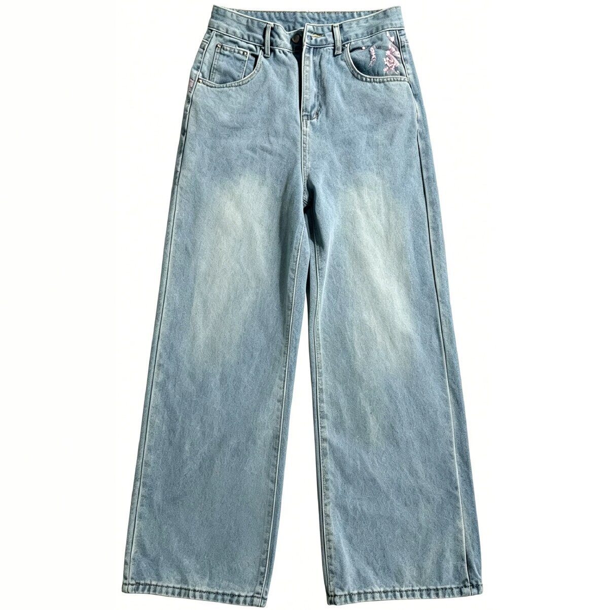 Embroidery Jeans Sakura - High Waist Loose Straight Leg Jeans
