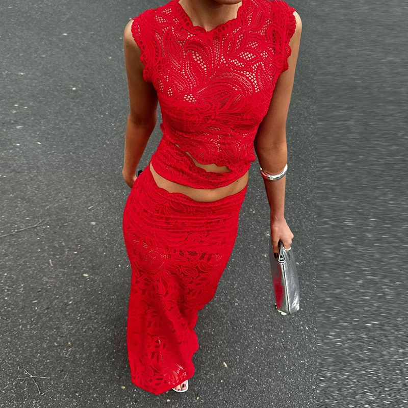 Embroidery Red - Red Sexy Hook Flower Hollow Lace