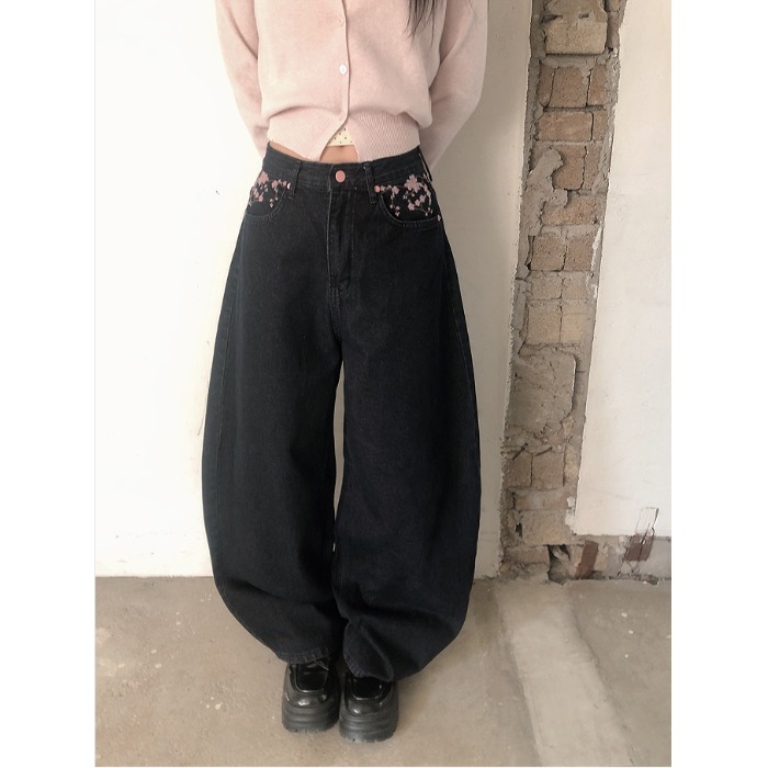Embroidery Jeans Sakura - High Waist Sakura Embroidery Wide Leg