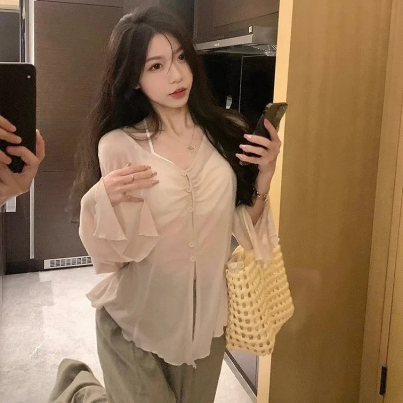 Embroidery Shirt - Sheer Flare Sleeve Blouse - Y2K