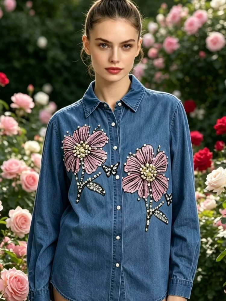 Embroidery Shirt - Women Denim Embroidery Blouses Spring Autumn
