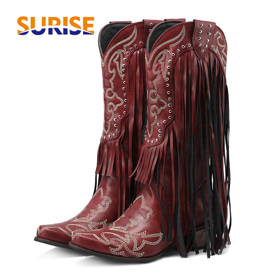 Embroidery Red - Western Cowboy Mid-calf Boots for Women