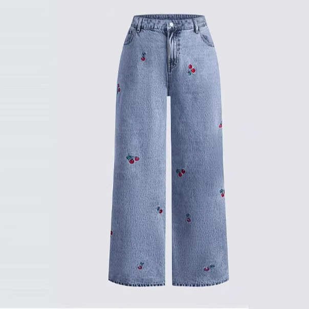 Embroidery Jeans Sakura - Retro Washed Denim Jeans Women's Elastic