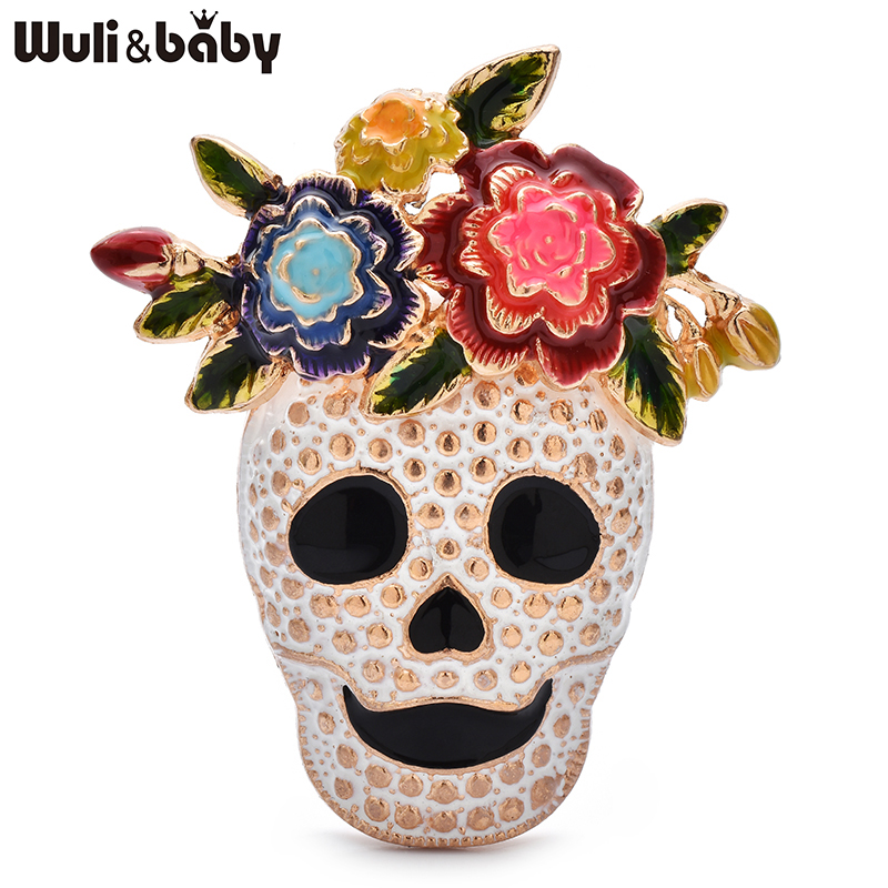 Embroidery Illustration - Wuli&baby Wear Flowers Skull Brooches For