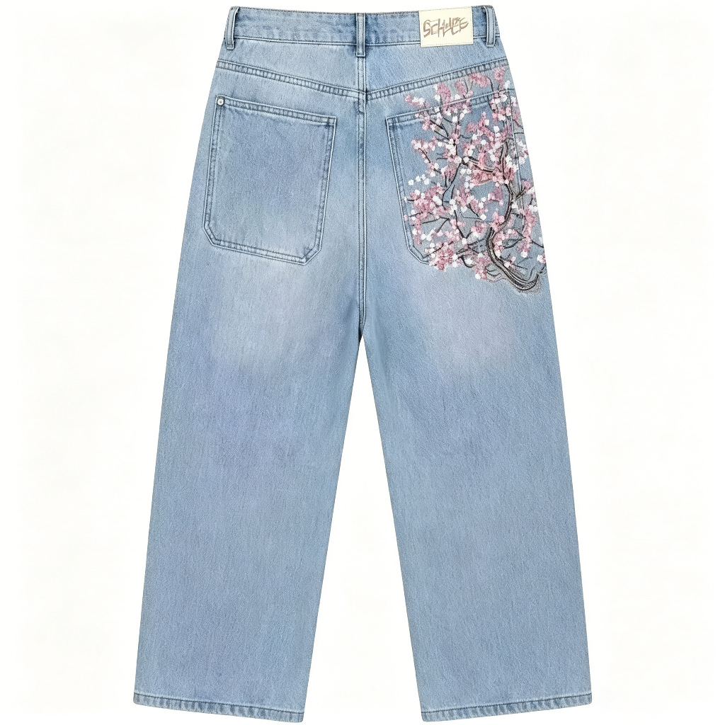 High Waist Loose Straight Leg  - đánh giá và giá Embroidery Jeans Sakura