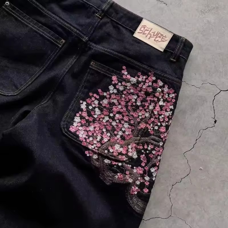 Y2K Mens Womens Harajuku Hip H - đánh giá và giá Embroidery Jeans Sakura
