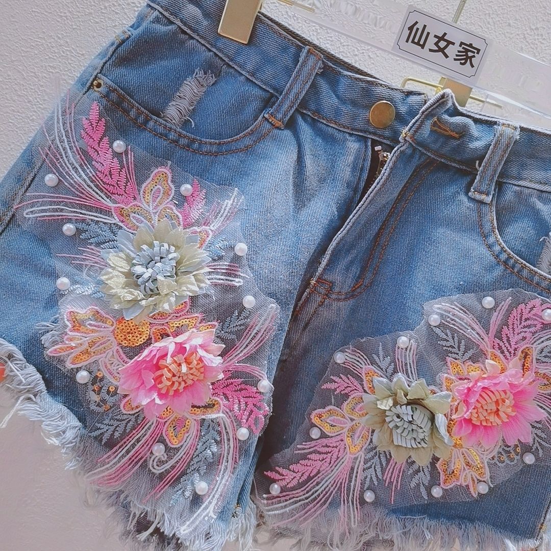 Korean Fashion Women Summer De - đánh giá và giá Embroidery Jeans Sakura